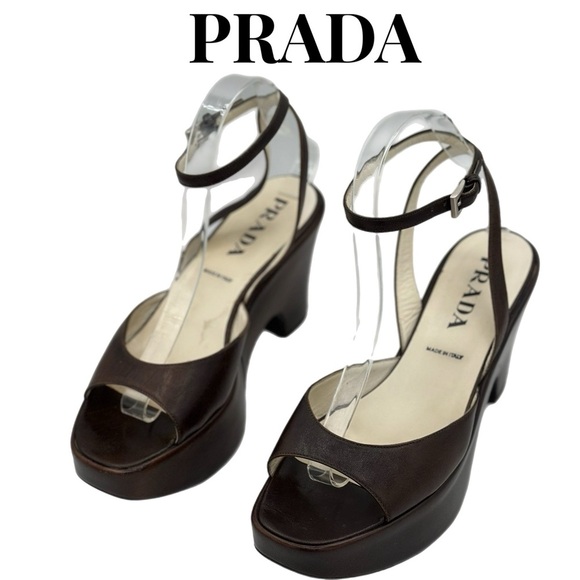 Prada Brown Leather Open-Toe Platform Wedge with Ankle Strap | Size 39.5 - Picture 1 of 6